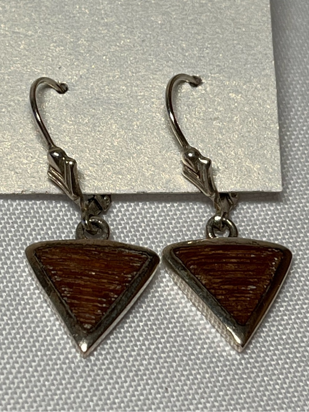 Art Deco Earrings with Brown Wood Triangle Inset
Sterling Silver. Stamped
